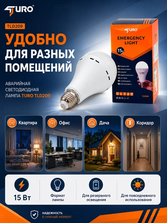 Avariya LED chiroq TURO TLD209 15W, zaxira yoritish lampasi, uy va ofis uchun