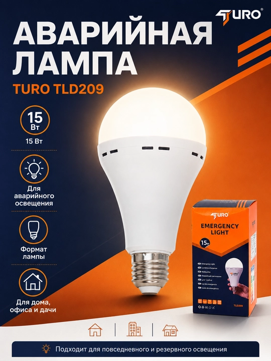 Аварийная LED лампа TURO TLD209 15Вт, лампа резервного освещения для дома и офиса - 