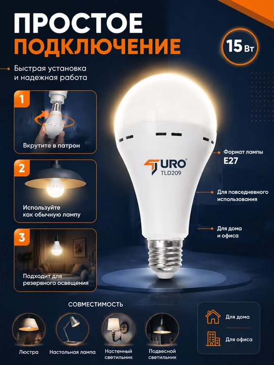Avariya LED chiroq TURO TLD209 15W, zaxira yoritish lampasi, uy va ofis uchun