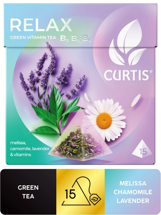 Ko'k choy Curtis "Relax" moychechak, lavanda, limon o'ti va B3, B5, B6 vitaminlari bilan, 15 ta piramidacha - 
