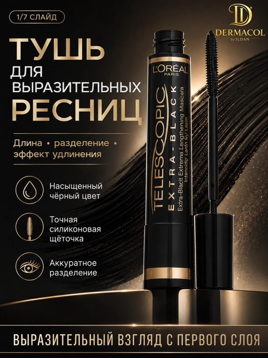 Тушь Telescopic Extra Black, с эффектом удлинения и выразительного объёма, насыщенный чёрный - 