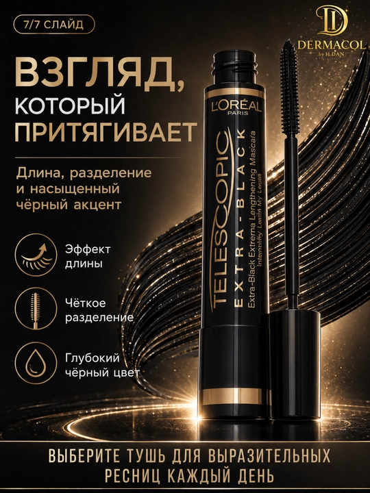 Тушь Telescopic Extra Black, с эффектом удлинения и выразительного объёма, насыщенный чёрный