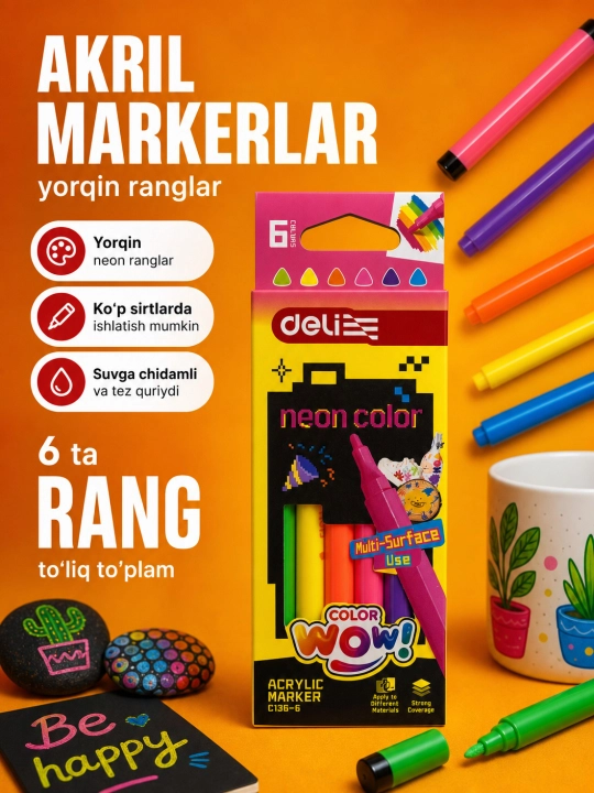 Akril marker, Deli, EC186, 6 va 12 rang - 