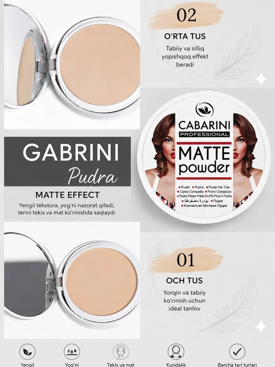Пудра для лица Gabrini Matte Powder, матовая пудра, водостойкая, 12 г - 