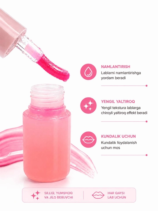 Blesk pomada lab uchun, ikki tomonlama lip gloss, shaffof, yaltiroq, namlovchi