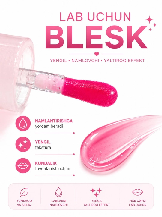 Blesk pomada lab uchun, ikki tomonlama lip gloss, shaffof, yaltiroq, namlovchi