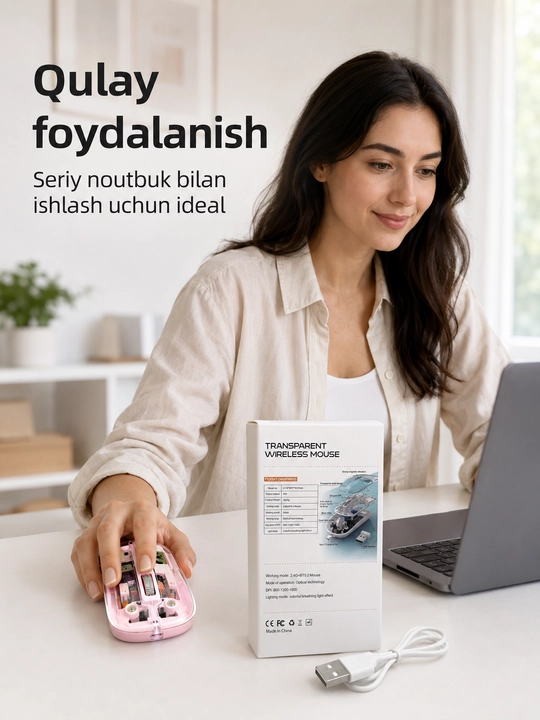 Simsiz shaffof mishka, USB-C zaryadlanadigan 2.4G + BT5.2