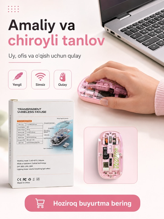 Simsiz shaffof mishka, USB-C zaryadlanadigan 2.4G + BT5.2