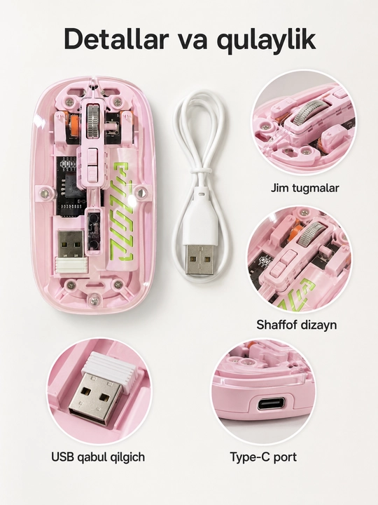 Simsiz shaffof mishka, USB-C zaryadlanadigan 2.4G + BT5.2