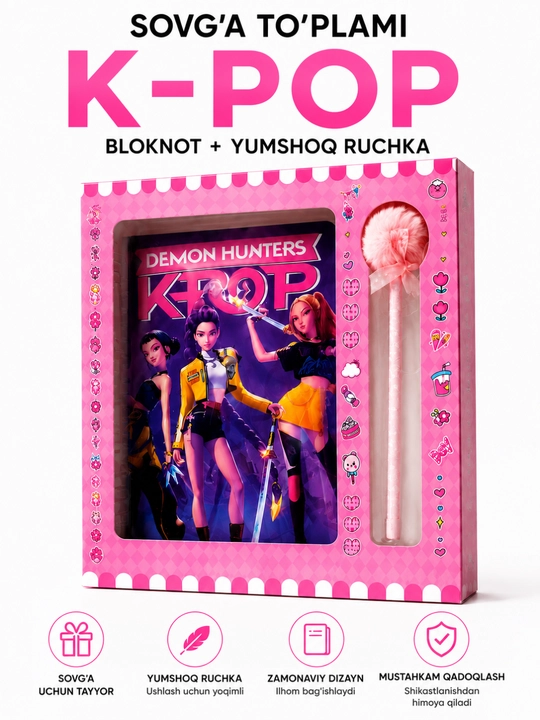 K-POP sovg'a to'plami – daftar va yumshoq ruchka