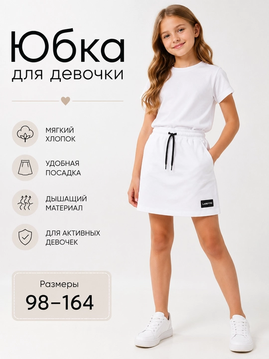 Юбка для девочки с карманами, поясом на резинке со шнурком - 