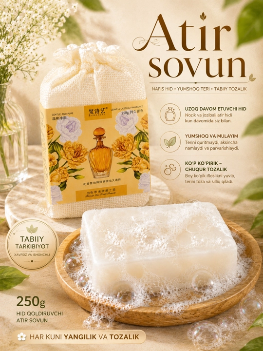 Atirli sovun, xushbo‘y qattiq sovun, 250 g, yoqimli hidli va quyuq ko‘pik hosil qiluvchi