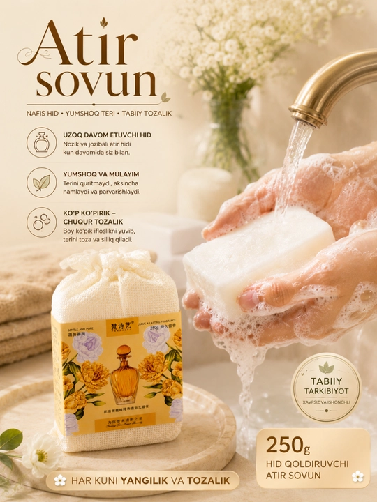 Atirli sovun, xushbo‘y qattiq sovun, 250 g, yoqimli hidli va quyuq ko‘pik hosil qiluvchi