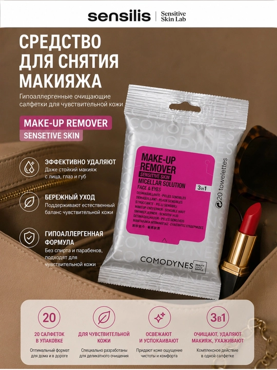 Comodynes Make Up Remover Micellar makiyajni tozalovchi salfetkalar, 20 dona
