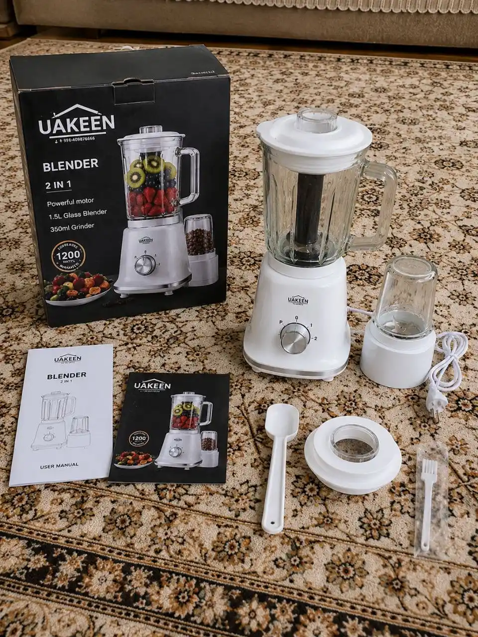 Блендер-измельчитель UAKEEN Germany 2 в 1, 1200 Вт, стеклянная чаша, для кофе и фруктов
