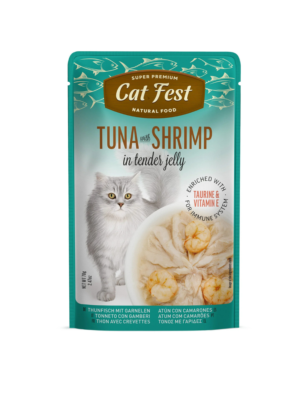 Влажный корм для кошек, Cat Fest, тунец с креветками в желе, 70 г - 