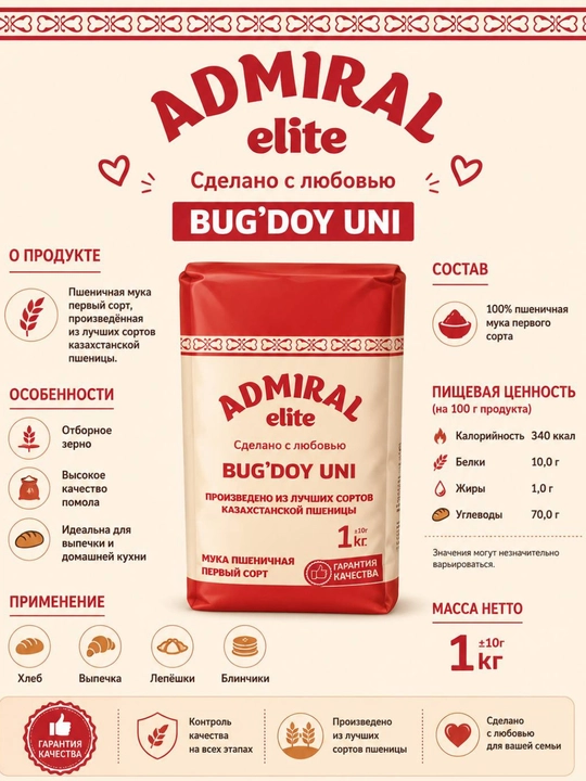 Bugʻdoy uni ''Admiral'' — birinchi nav, 5 kg,2 kg, 1 kg
