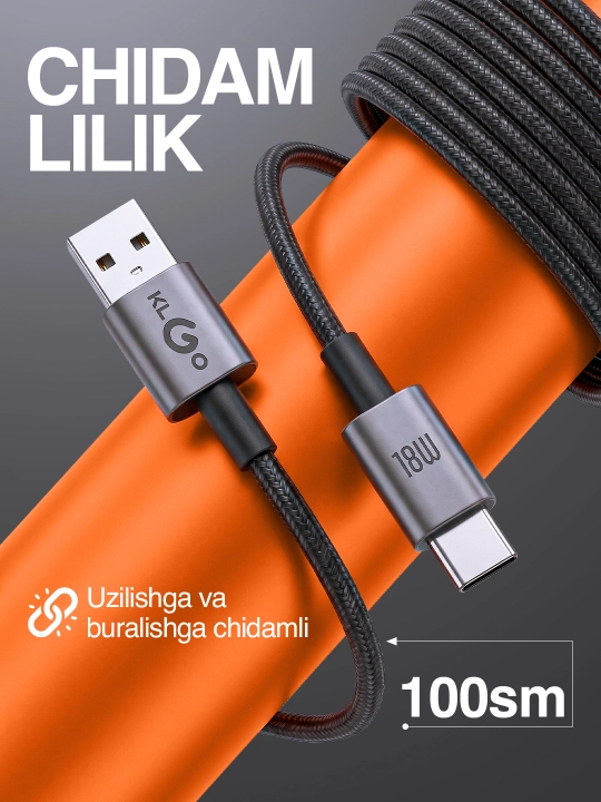 Premium USB Type-C kabeli, tez zaryadlash 18W