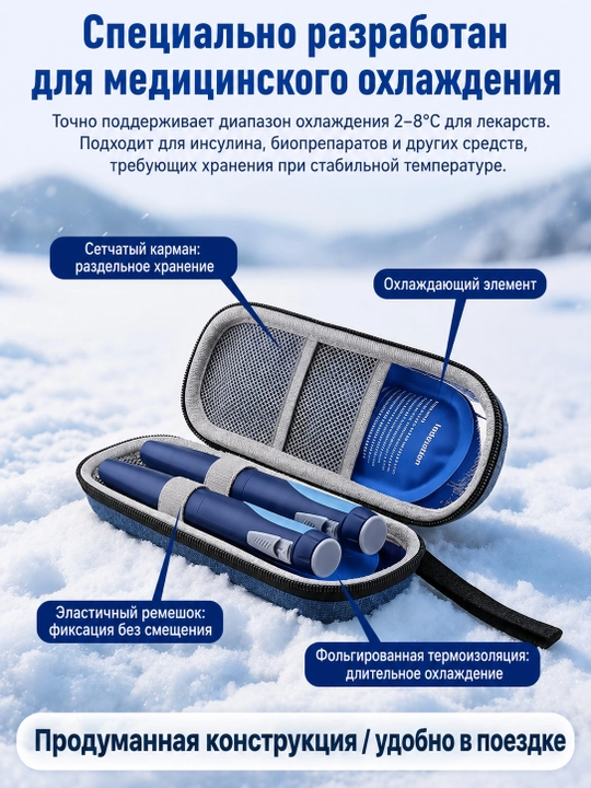 Insulin uchun sovutuvchi keys, harorat displeyi va 2 ta sovuq akkumulyator bilan
