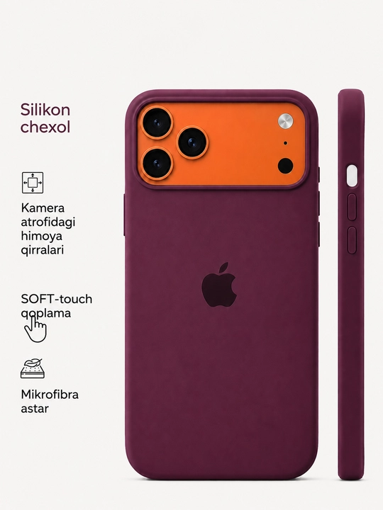 Silikon chexol iPhone 11–17, Pro va Pro Max uchun, Soft Touch, mikrofibrali - 