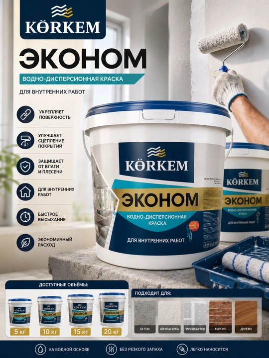 KÖRKEM Ekonom suv asosli ichki bo‘yoq, devor va shift uchun - 