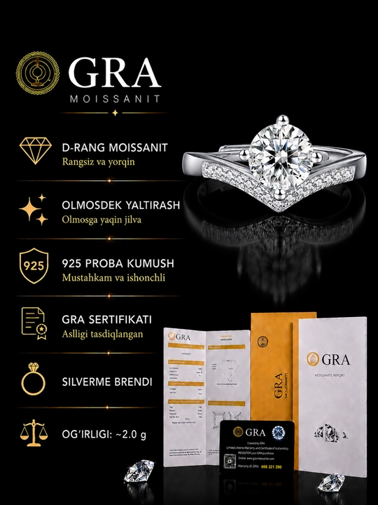 Ayollar uchun 925 kumush uzuk GRA Moissanite, toshli uzug universal o‘lcham