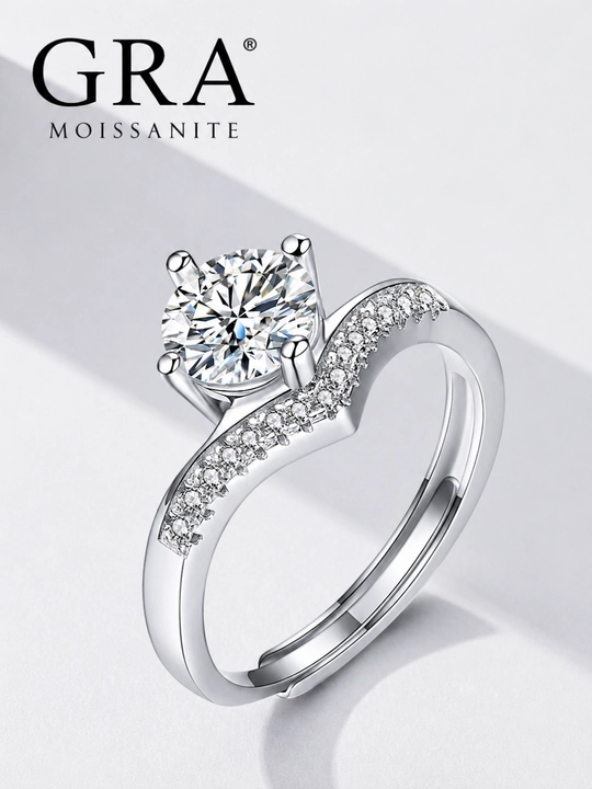 Ayollar uchun 925 kumush uzuk GRA Moissanite, toshli uzug universal o‘lcham