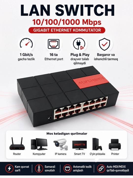 LAN hub, internet switch, 10/100/1000 Mbit/s, RJ45 - 