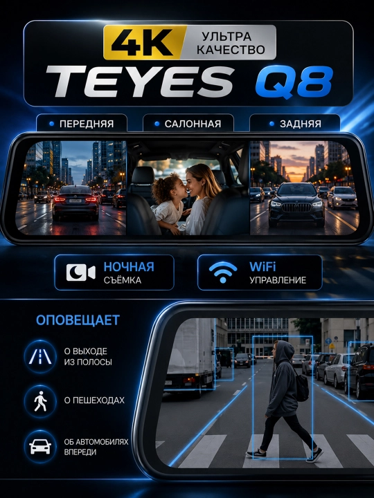 2K TEYES Q8 videoregistratori,3 tasi 1da,Wi-Fi,3 ta kamera, tungi va avtoturargoh rejimi - 