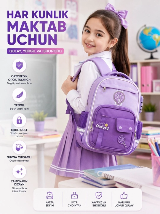 Maktab va bog'cha ryukzagi, sayr va sayohatlar uchun, 7-14 yoshgacha