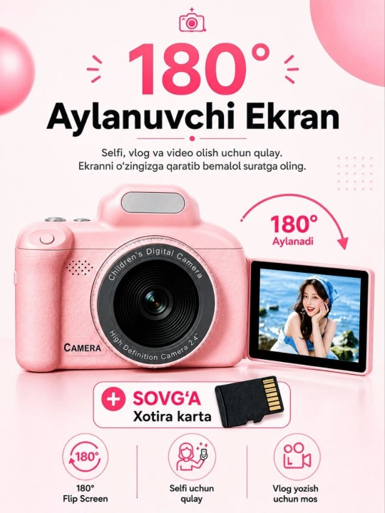 180° ga aylanuvchi ekranli foto va videokamera - 