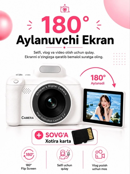 180° ga aylanuvchi ekranli foto va videokamera - 