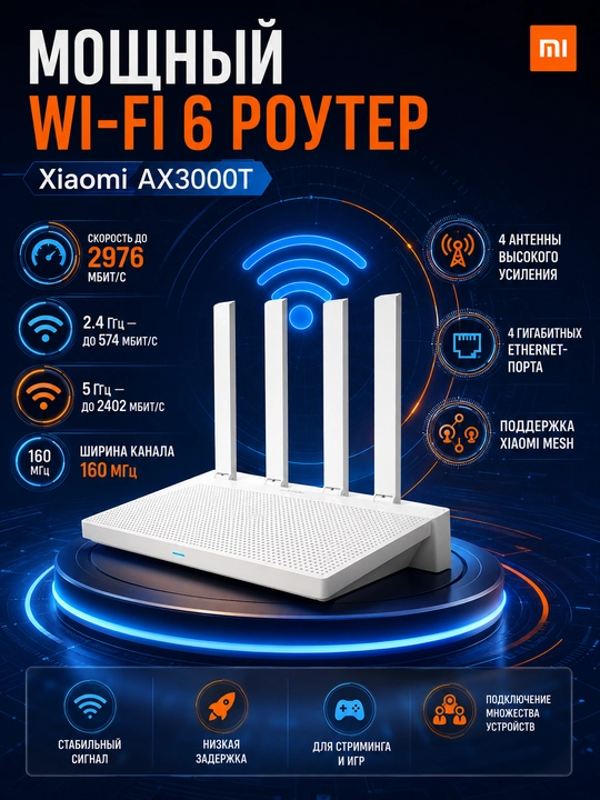 Xiaomi AX3000T Wi-Fi 6 router, 3000 Mbit/s, Mesh, oq, CN - 
