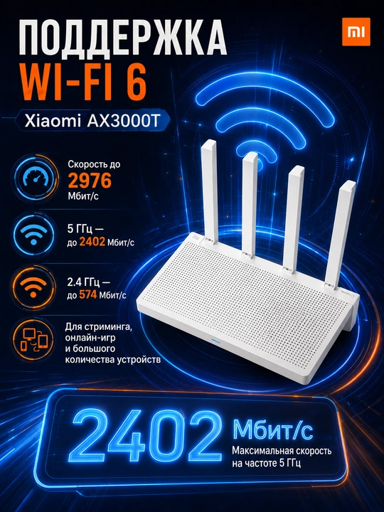 Роутер Xiaomi Wi-Fi AX3000T, двухдиапазонный, для дома и офиса Wi-Fi 6, 3000 Мбит/с, Mesh