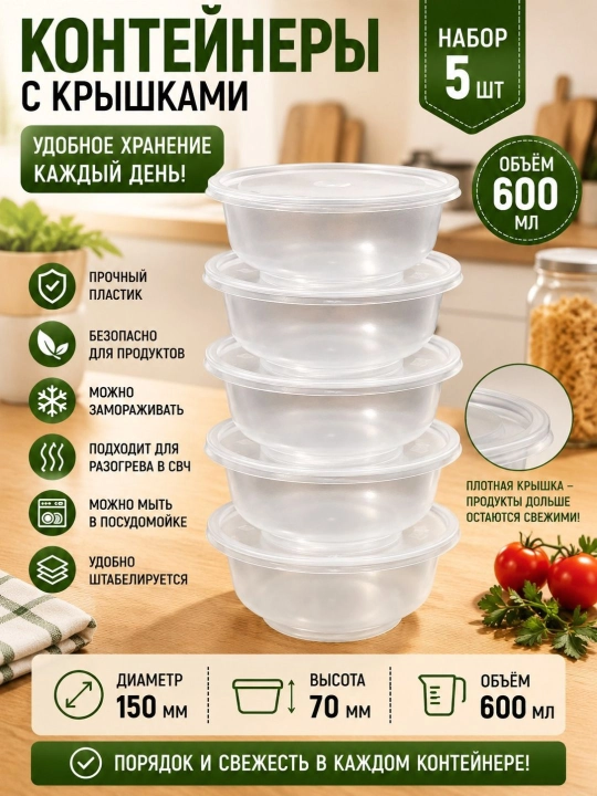 Пластиковый контейнер с крышкой, 600 мл, удобное решение для хранения продуктов