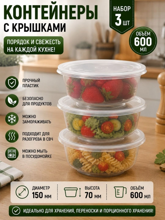 Пластиковый контейнер с крышкой, 600 мл, удобное решение для хранения продуктов