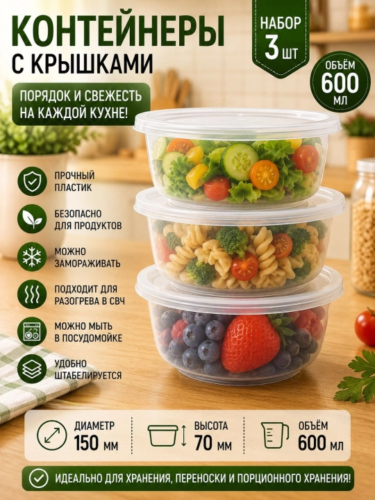 Пластиковый контейнер с крышкой, 600 мл, удобное решение для хранения продуктов