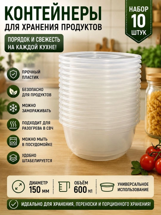 Пластиковый контейнер с крышкой, 600 мл, удобное решение для хранения продуктов
