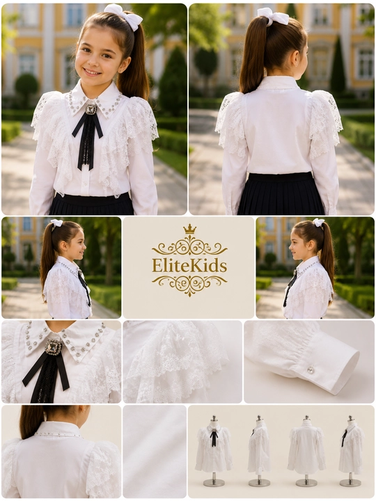 Школьная блузка для девочек 7–10 лет, белая кружевная рубашка с брошью