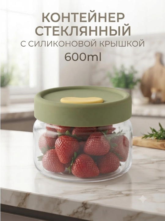 Контейнер стеклянный с силиконовой крышкой, 600 мл - 