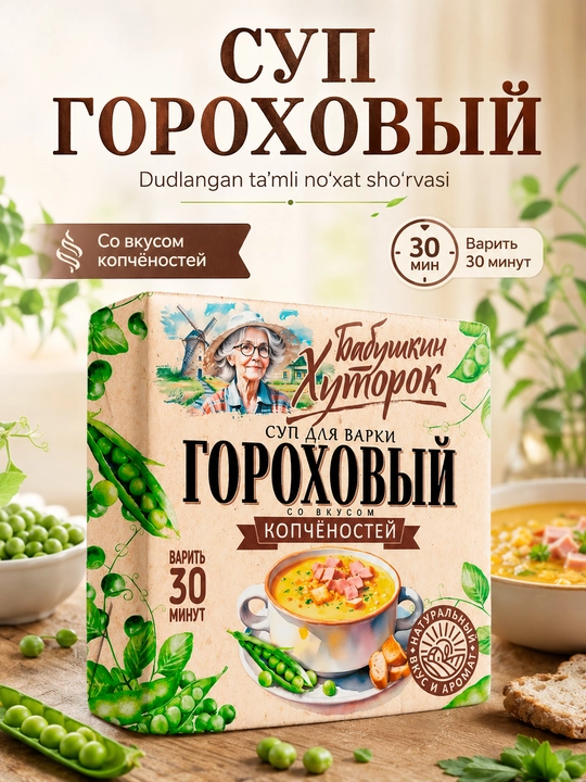 Суп гороховый бабушкин хуторок со вкусом копченостей, брикет 180 г - 