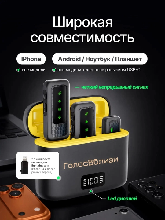 Микрофон петличный беспроводной для iPhone и Android 2 шт