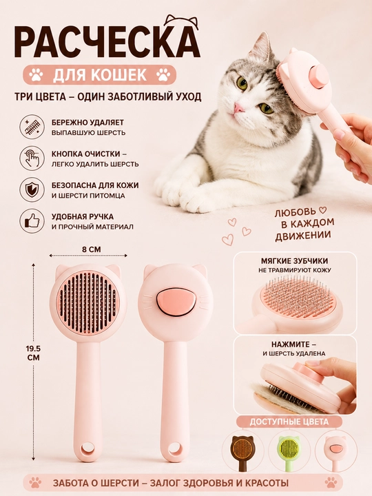 Расческа для кошек с кнопкой очистки Pet Brush Self Clean - 