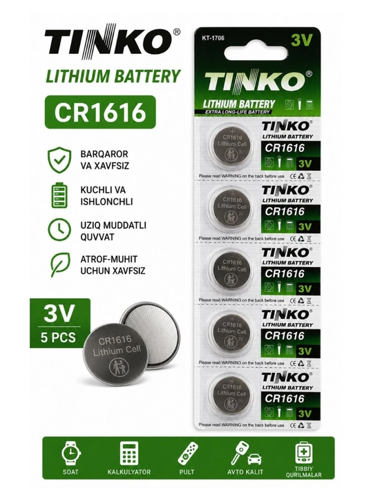 Tinko CR 1616 Lityum tugma batareyalari  3 v, 5 dona - 