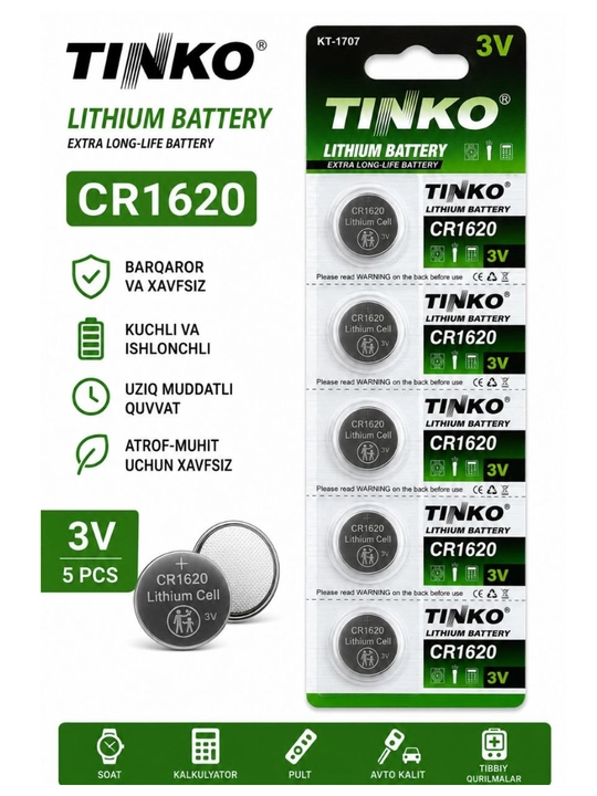 Tinko CR 1620 Lityum tugma batareyalari 3 v, 5 dona - 