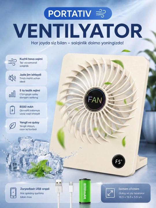 Raqamli displeyli portativ mini ventilyator, 5 tezlik, USB Type-C - 