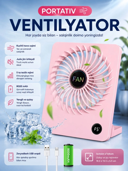 Raqamli displeyli portativ mini ventilyator, 5 tezlik, USB Type-C - 