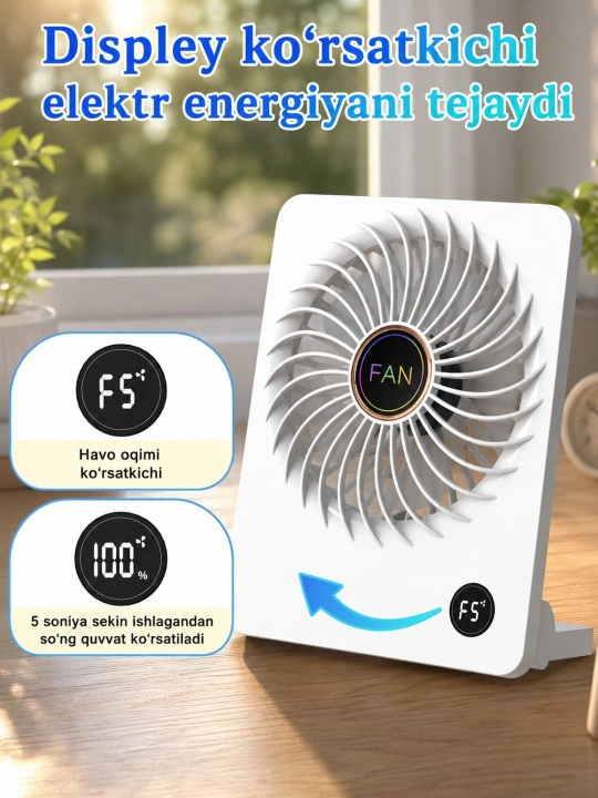 Портативный мини-вентилятор с дисплеем, 5 скоростей, USB Type-C