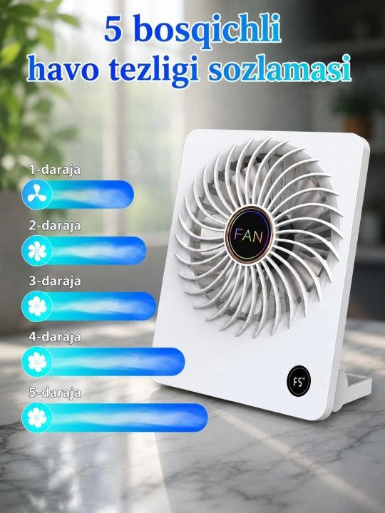 Портативный мини-вентилятор с дисплеем, 5 скоростей, USB Type-C