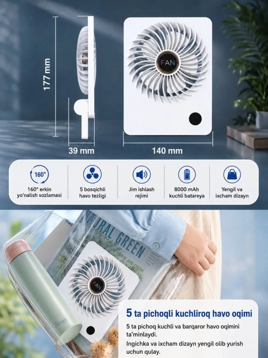 Портативный мини-вентилятор с дисплеем, 5 скоростей, USB Type-C